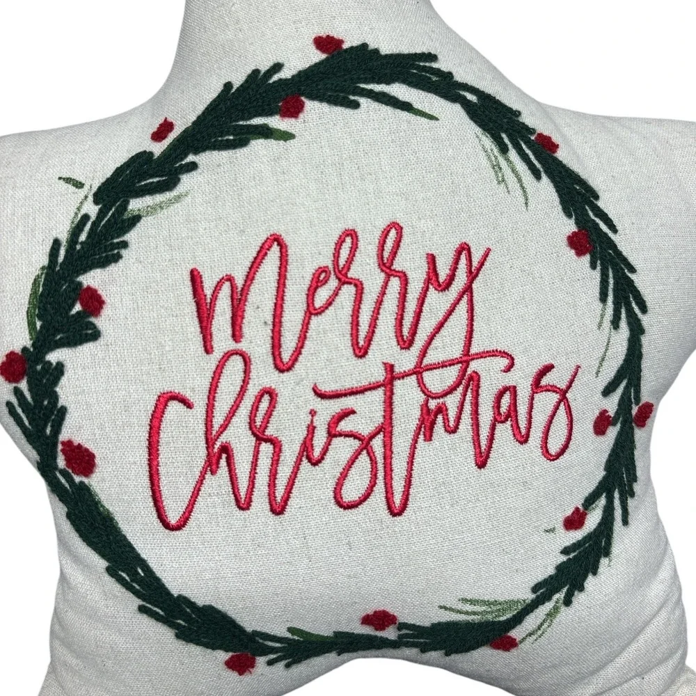 Merry Christmas‎ Embroidered Holly Wreath Star Shaped Holiday Pillow